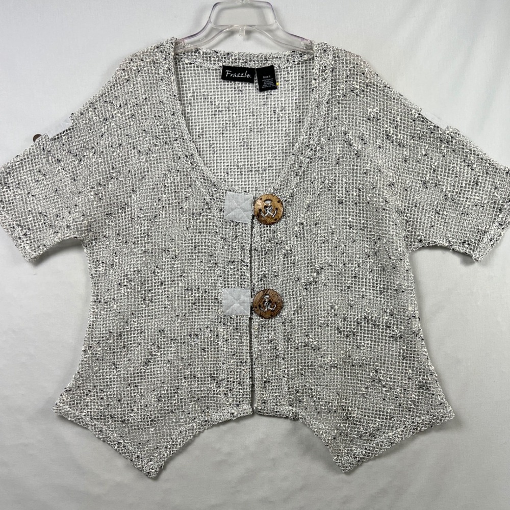 Frazzle Open Knit Cardigan Women L White Gray Sharkbite Mesh Oversized Buttons